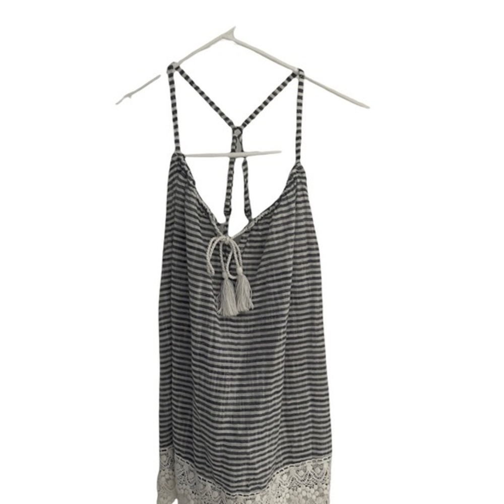 Charming Charlie Navy Blue‎ White Striped Lace Hem Tassel Cami Tank Top Small